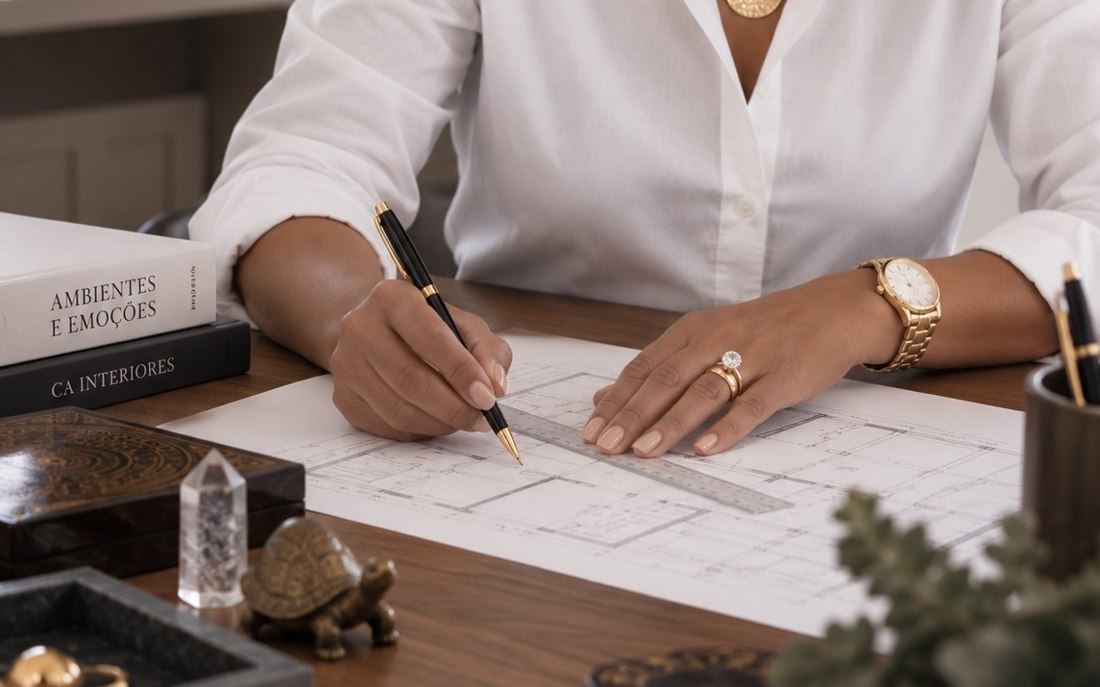 Carmen Amaral a desenhar uma planta, com o livro Ambientes e Emoções e um cristal sobre a mesa