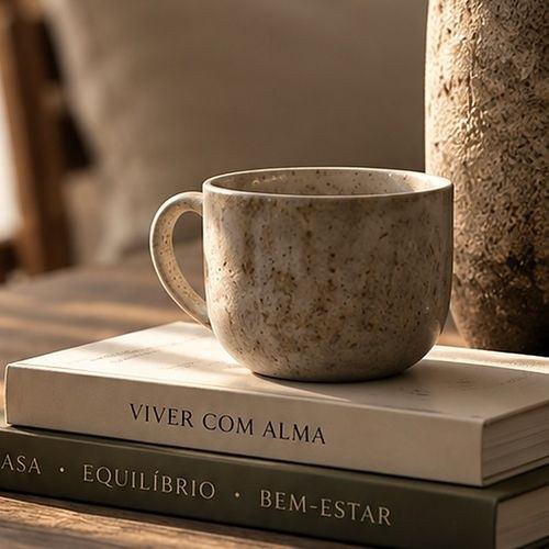 Caneca de cerâmica sobre livros