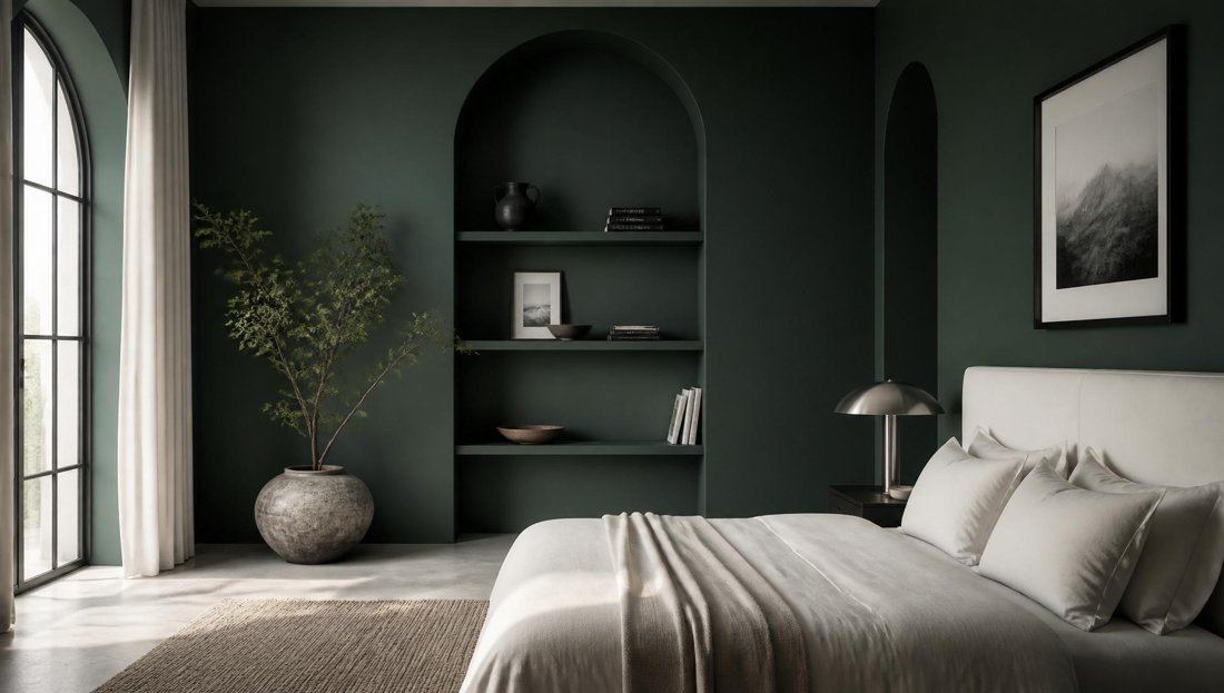 Quarto em verde profundo com cama em linho claro