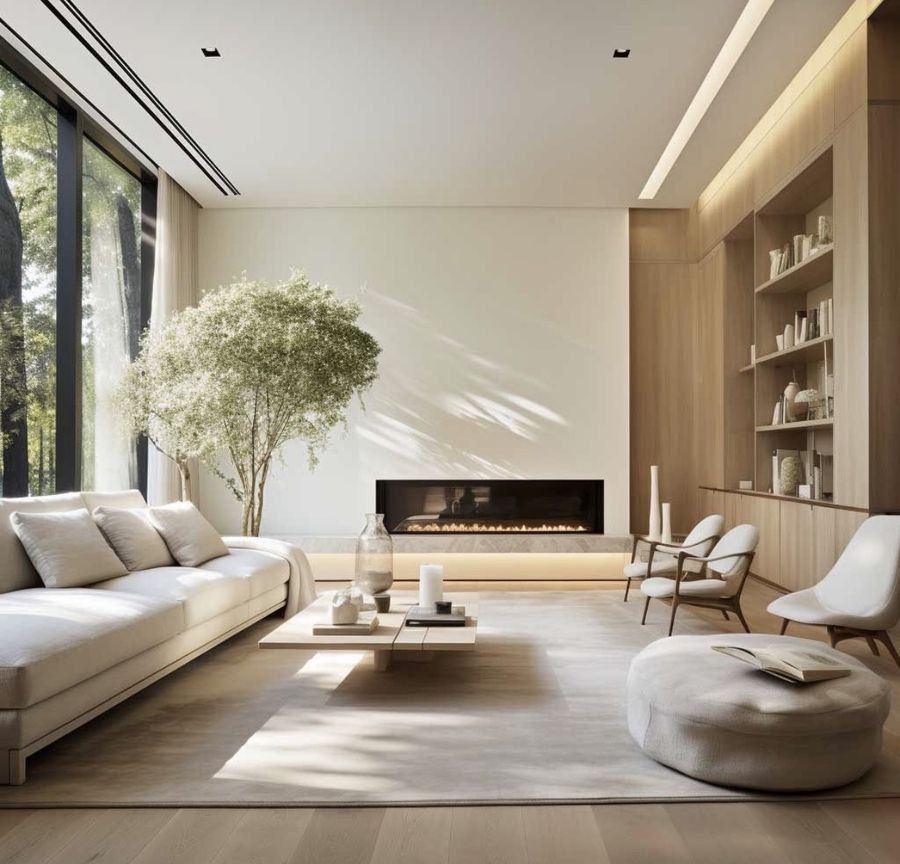 Sala clara com sofá branco, lareira, oliveira junto à janela e estante em madeira